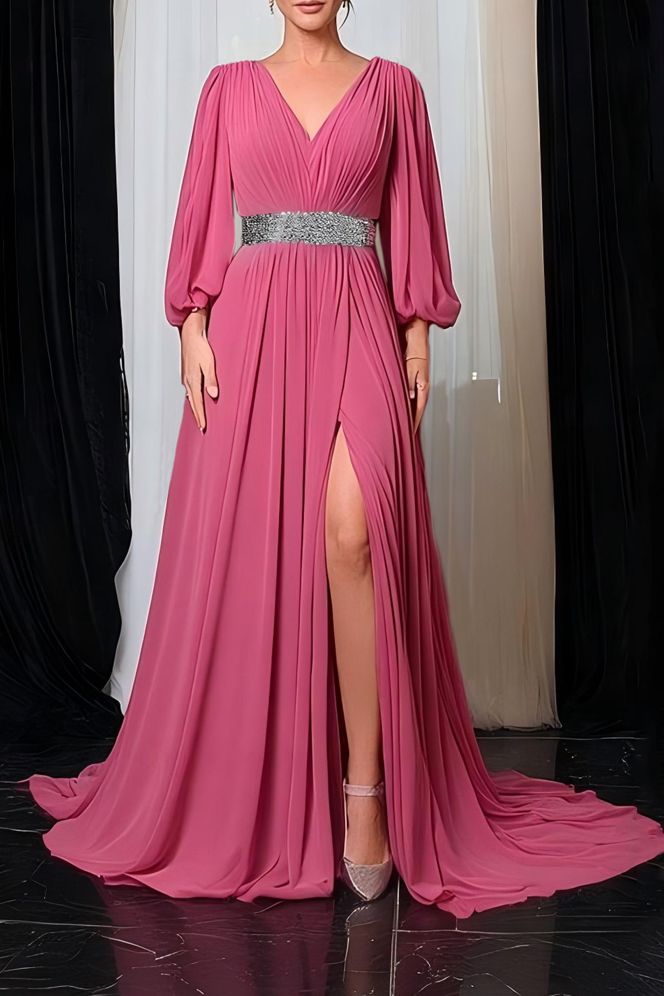 Formal Evening Dress Rose V Neck Slit Maxi Dress