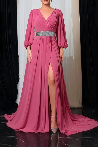 Formal Evening Dress Rose V Neck Slit Maxi Dress