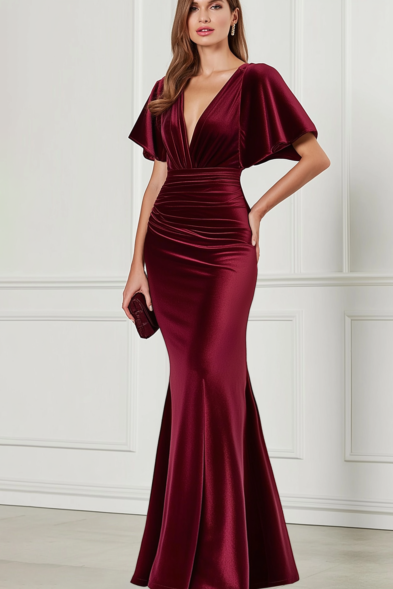 Formal Evening Dress Burgundy V Neck Velvet Maxi Dress