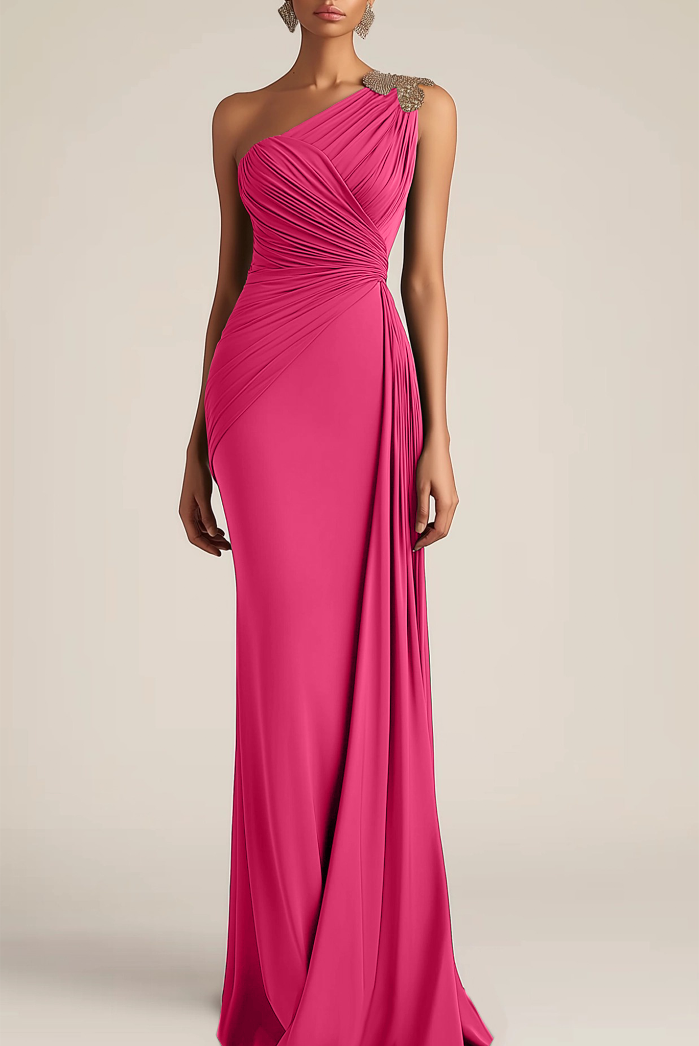 Formal Evening Dress Green One-Shoulder Ruched Maxi Dress