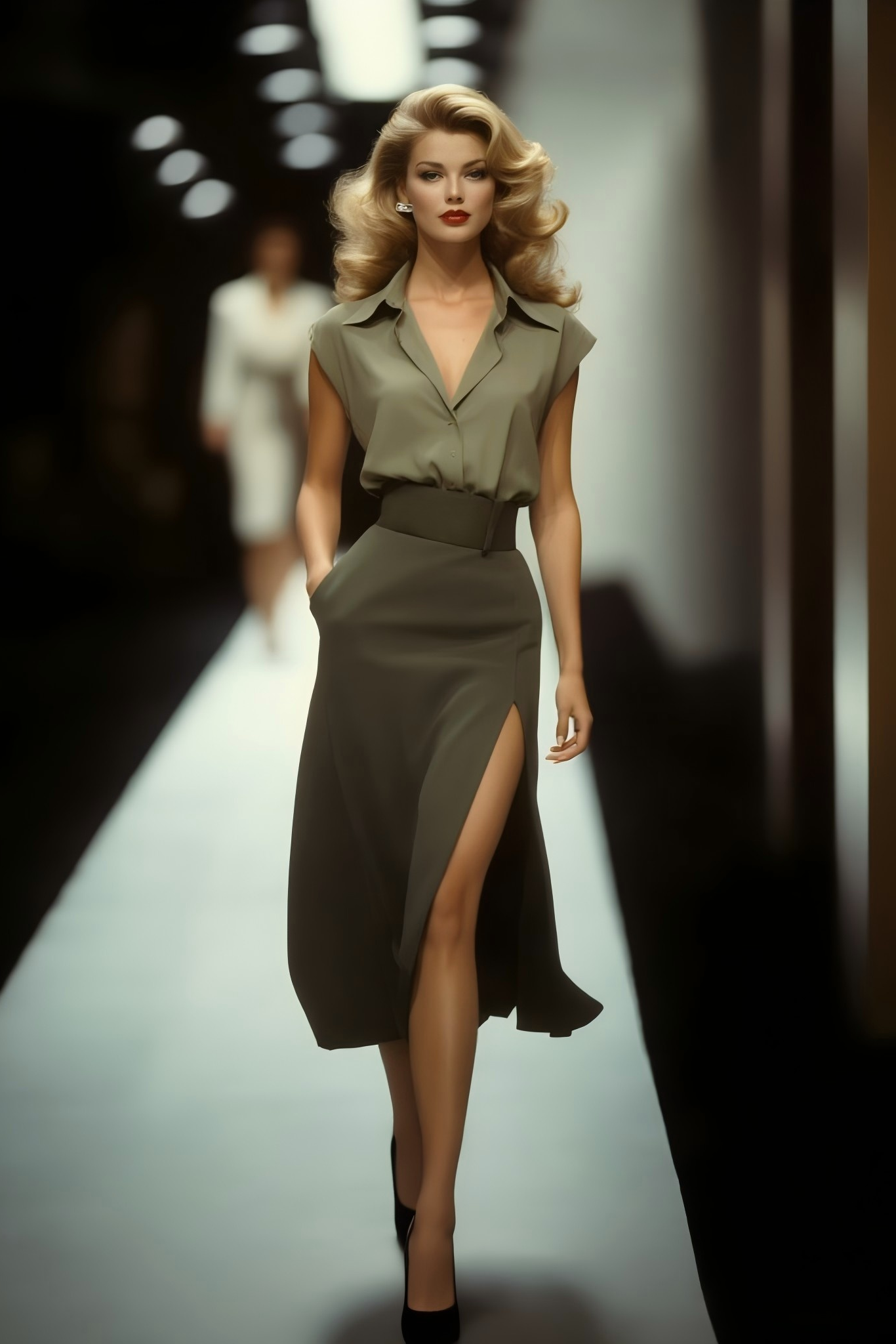 Work Shirt Skirt Set Green Lapel Knee Dress Set