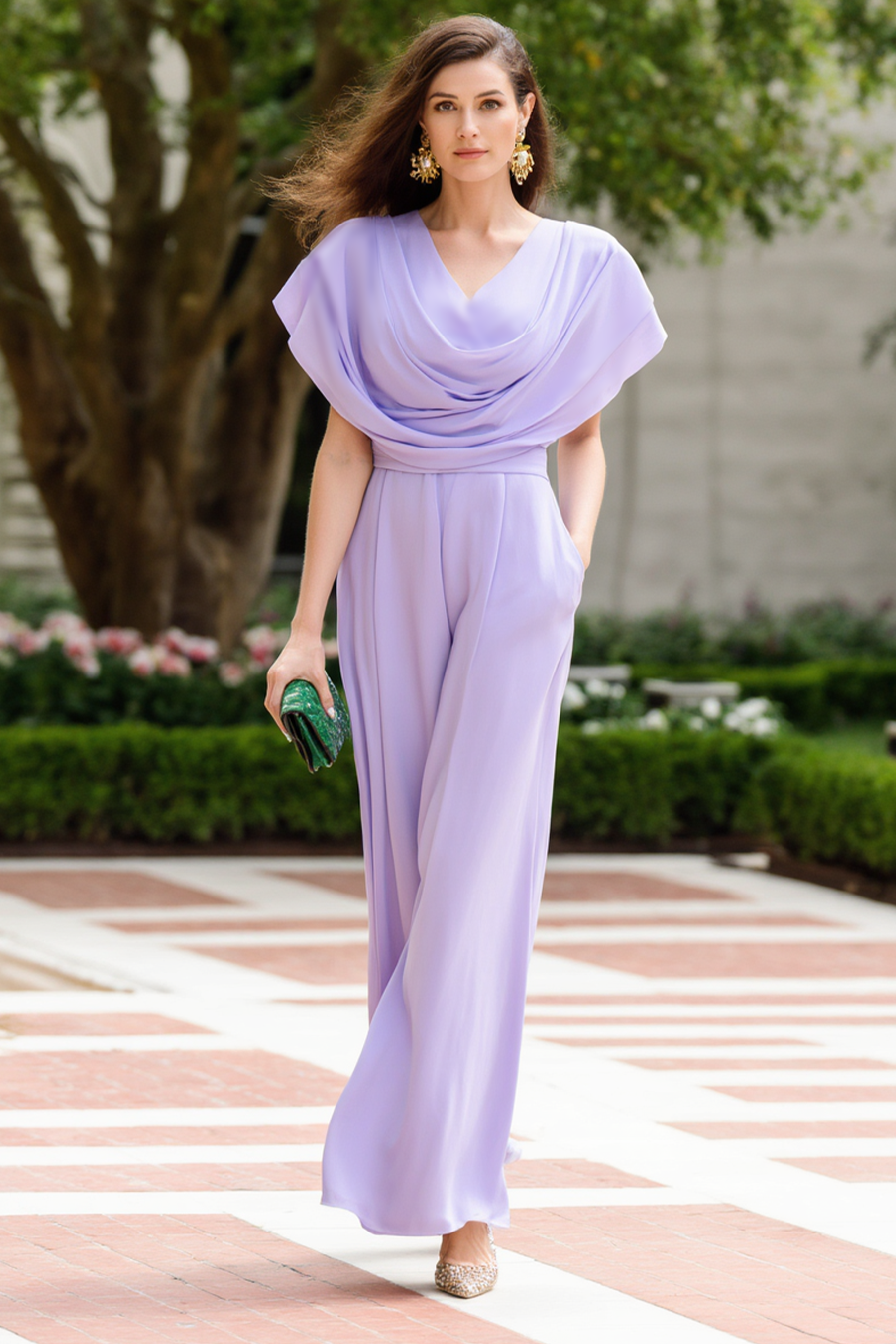 Modern Work Set Purple Cowl Neck Chiffon Pocket Pants Set