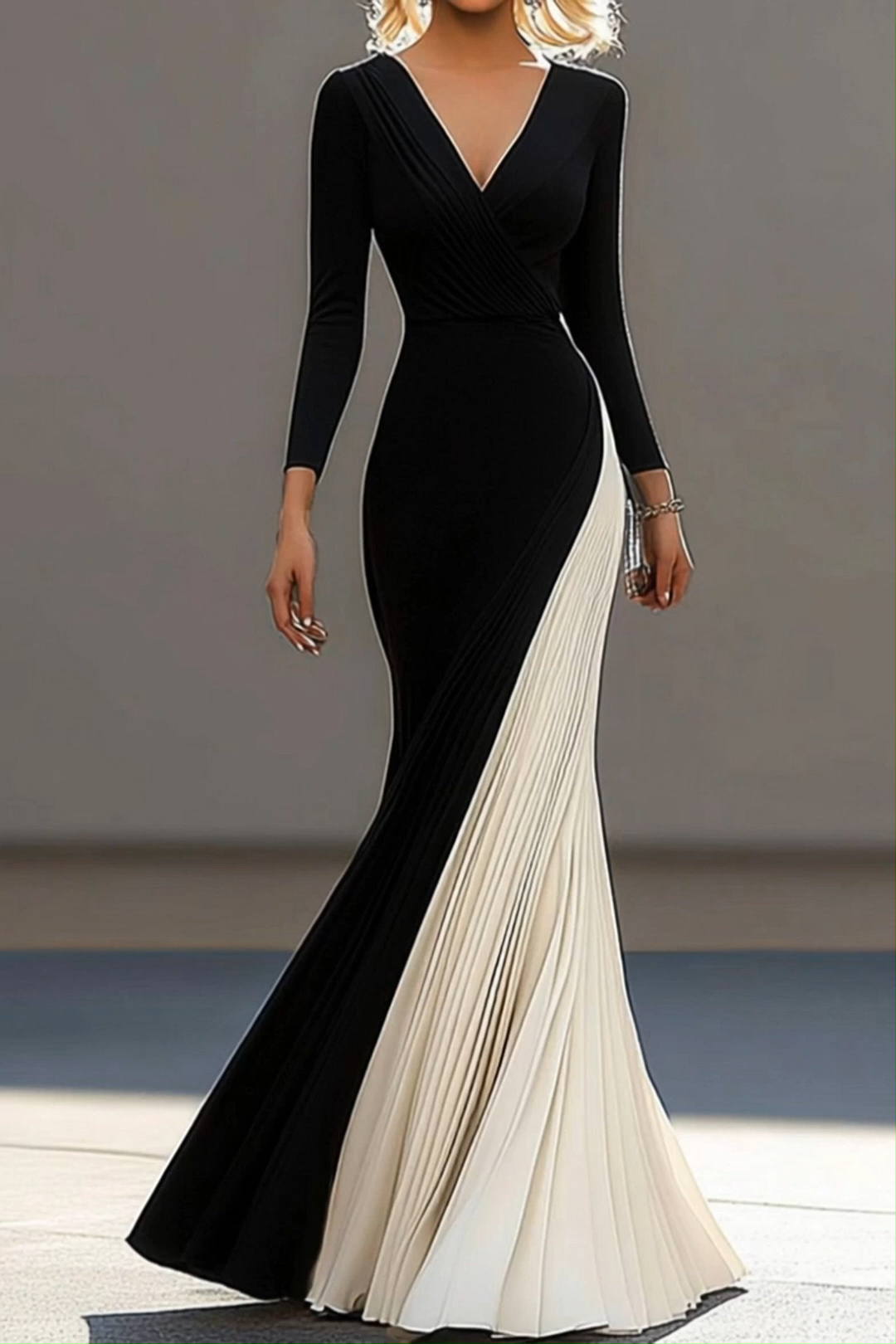 Elegant Formal Evening Work Black White Dress Pleated Simple V-Neck Maxi Dress