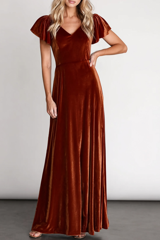 Formal Evening Dress Burgundy V Neck Velvet Maxi Dress