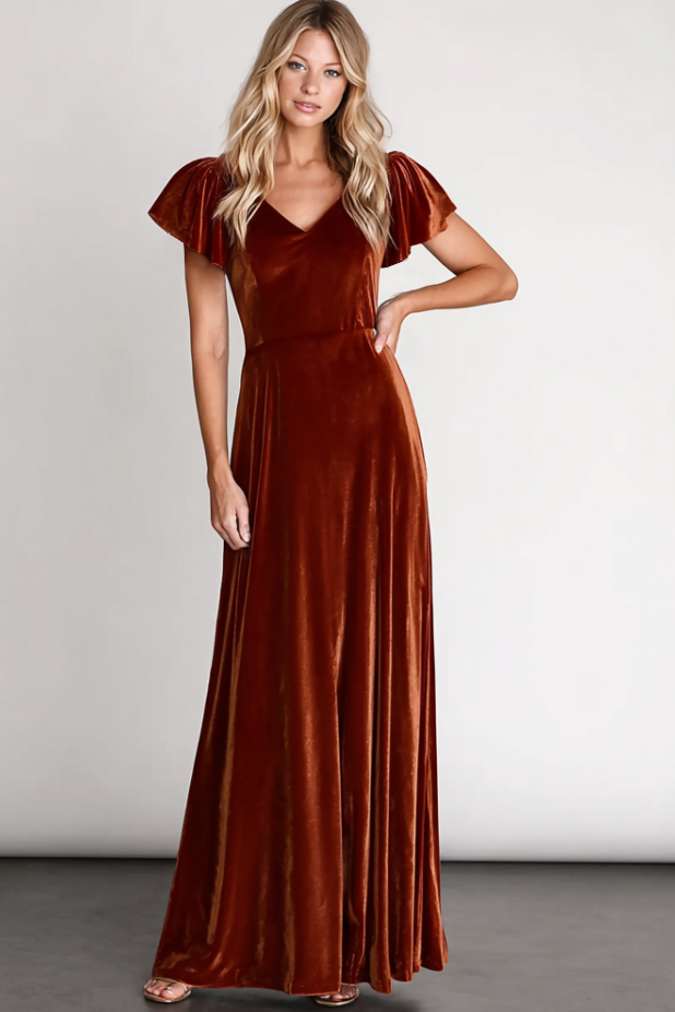 Formal Evening Dress Burgundy V Neck Velvet Maxi Dress