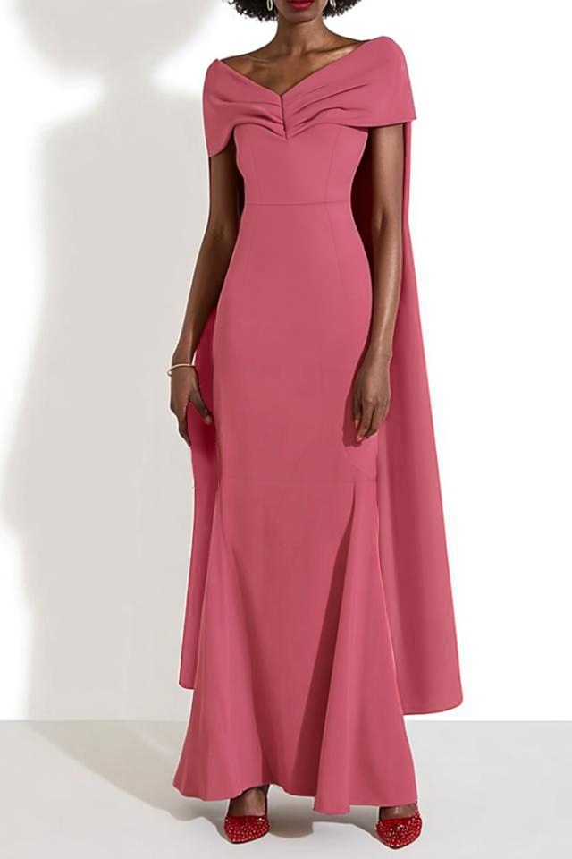 Formal Evening Dress Pink V Neck Cape Maxi Dress