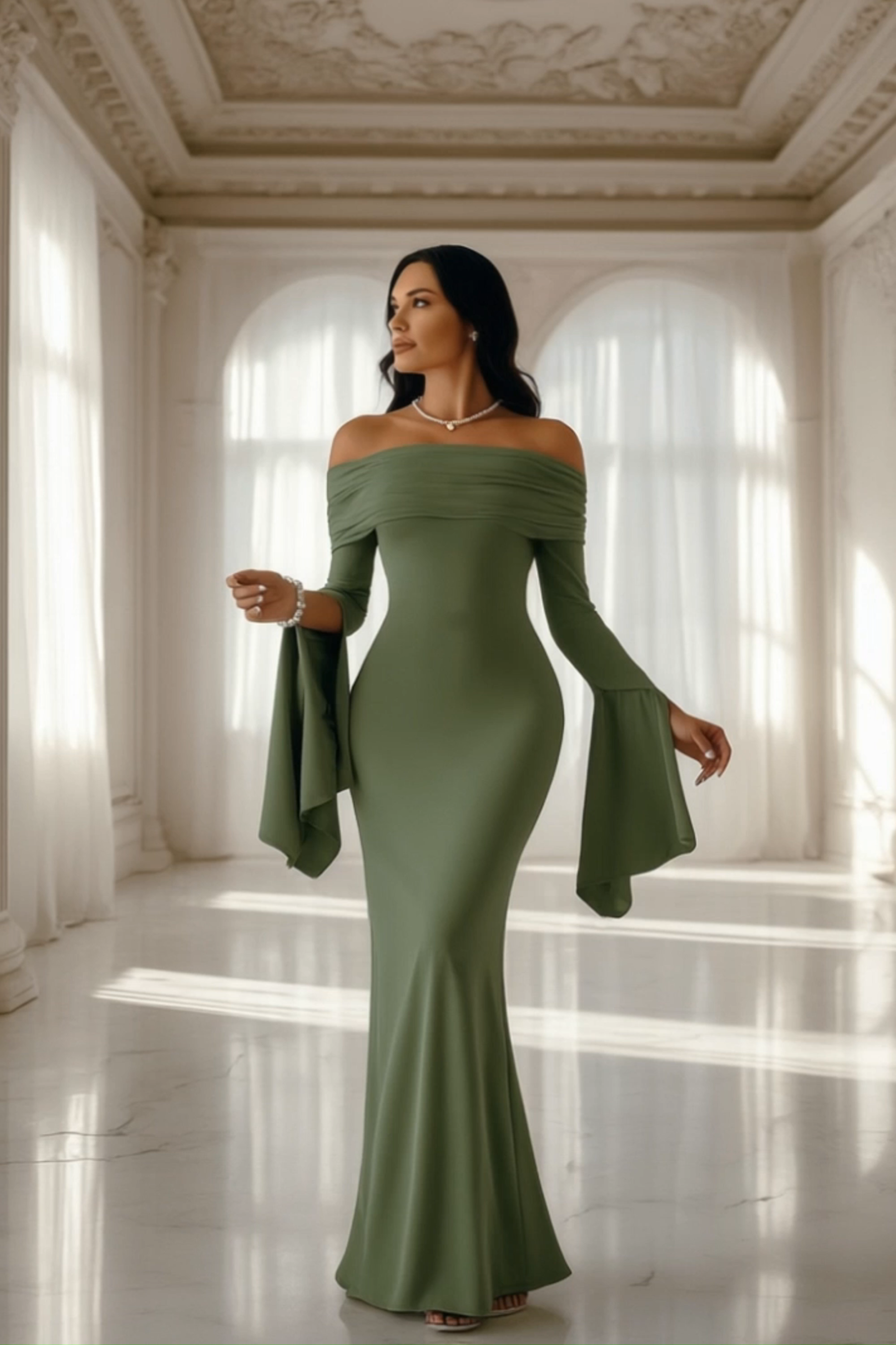 Formal Evening Dress Green Off Shoulder Maxi Long Sleeve Dress