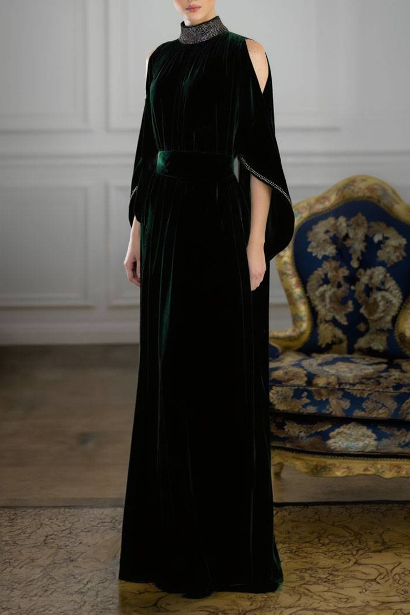 Formal Evening Dress Green Stand Neck Velvet Maxi Dress