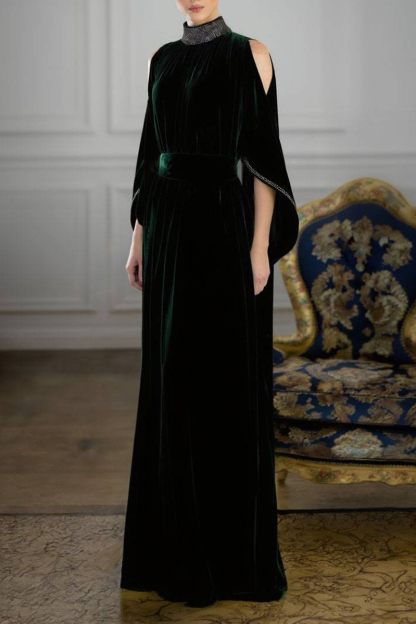 Formal Evening Dress Green Stand Neck Velvet Maxi Dress