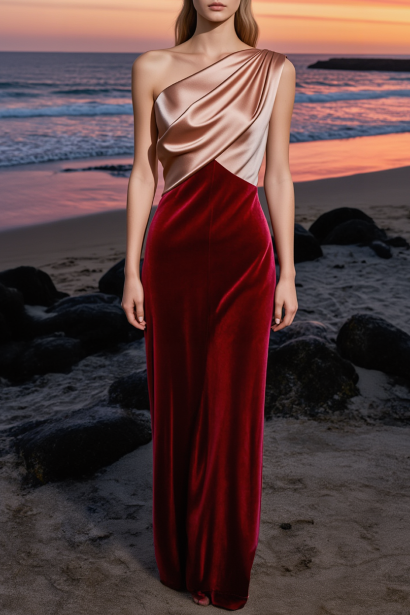 Formal Evening Dress Burgundy One Shoulder Velvet Maxi Dress