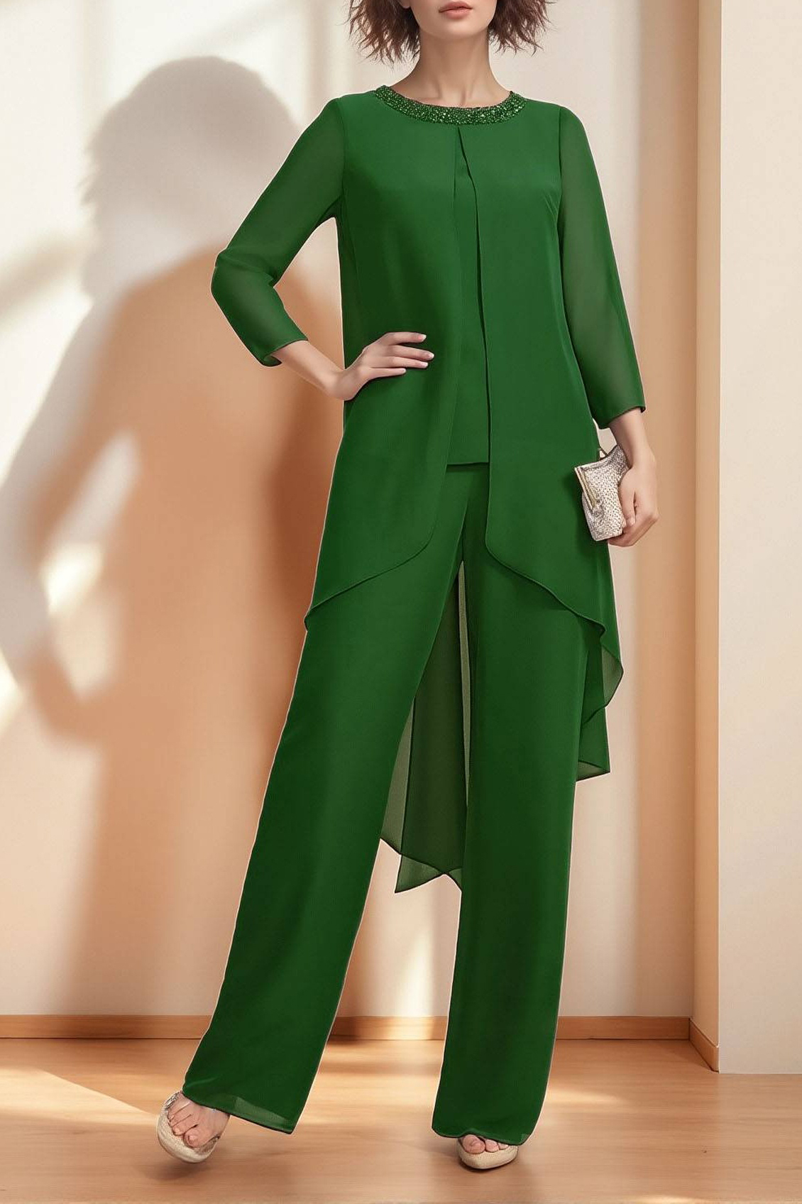 Green Pants Set Crew Neck Top Outfit Sets for Mother of the Bride