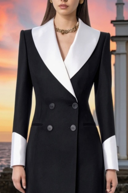 Business ​Blazer Dress Black White Lapel Long Sleeve Midi Dress