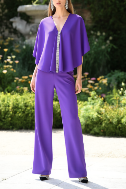 Modern Set Purple V Neck Chiffon Rhinestones Pants Set 