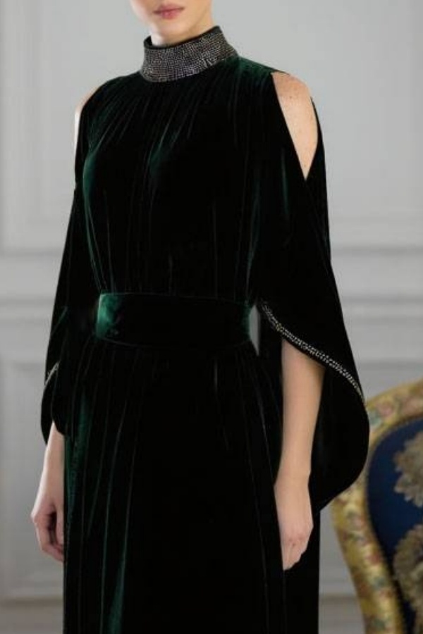 Formal Evening Dress Green Stand Neck Velvet Maxi Dress