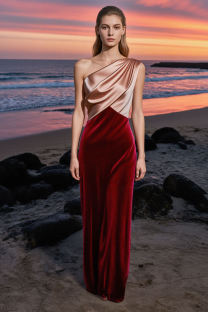 Formal Evening Dress Burgundy One Shoulder Velvet Maxi Dress