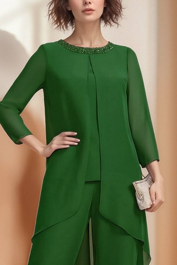 Green Pants Set Crew Neck Top Outfit Sets for Mother of the Bride