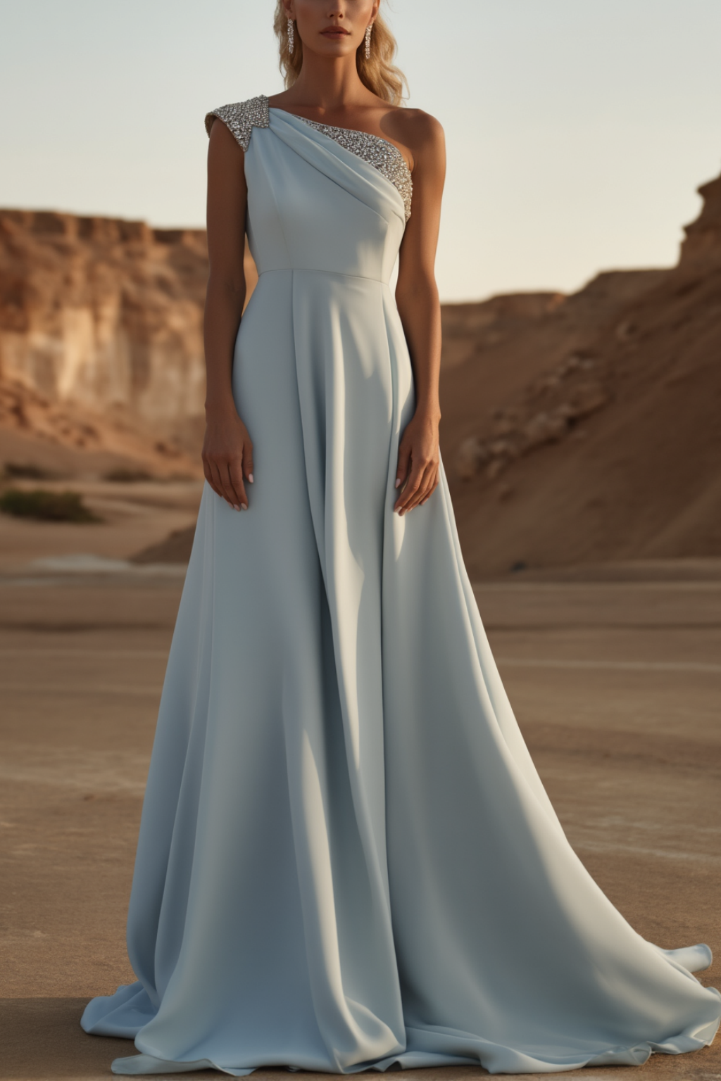 Evening Dress​ Blue One Shoulder Sequin Floor-Length Dress