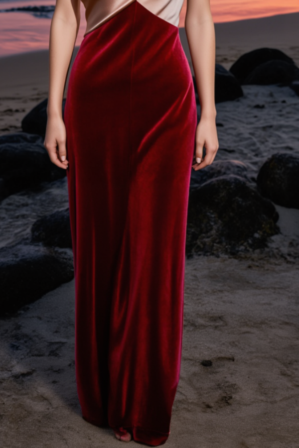 Formal Evening Dress Burgundy One Shoulder Velvet Maxi Dress