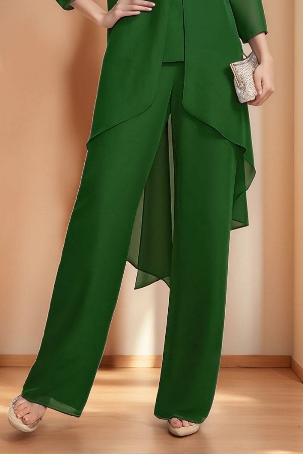 Green Pants Set Crew Neck Top Outfit Sets for Mother of the Bride