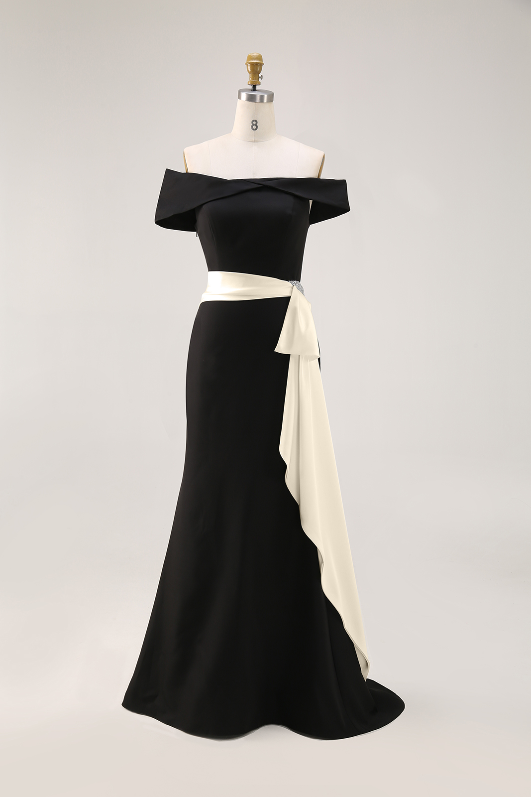 Elegant Evening Satin Dress Off-Shoulder Mermaid White Sash Rhinestone Dress