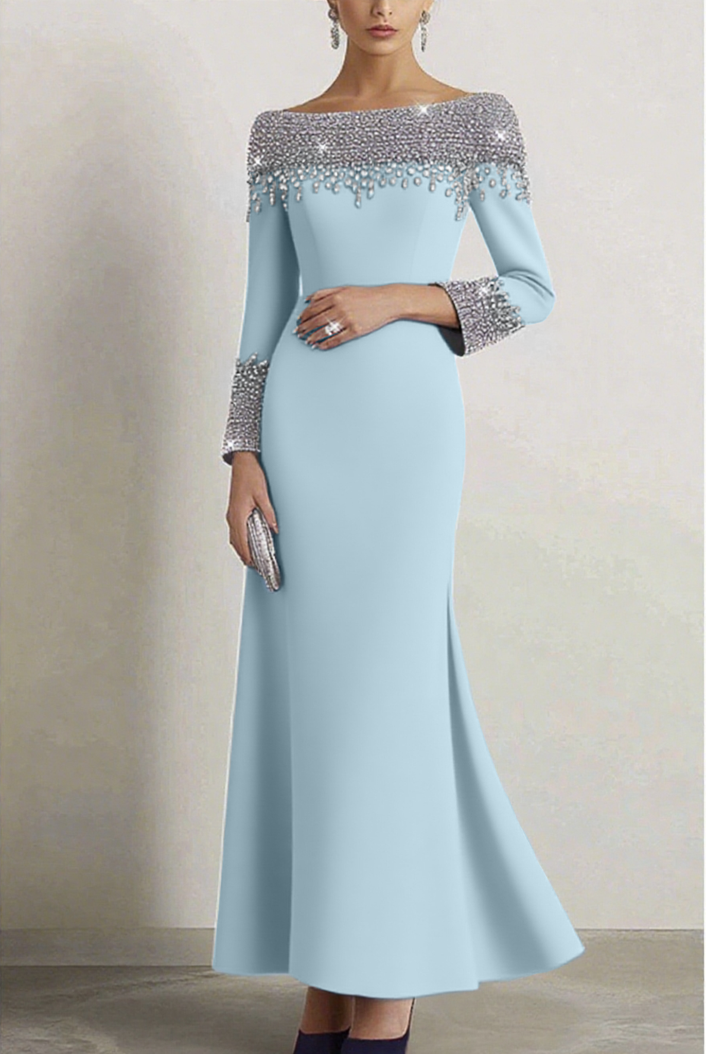 Elegant Dress Navy Boat Neck Rhinestone Maxi Dress Mother of the Bride Dress