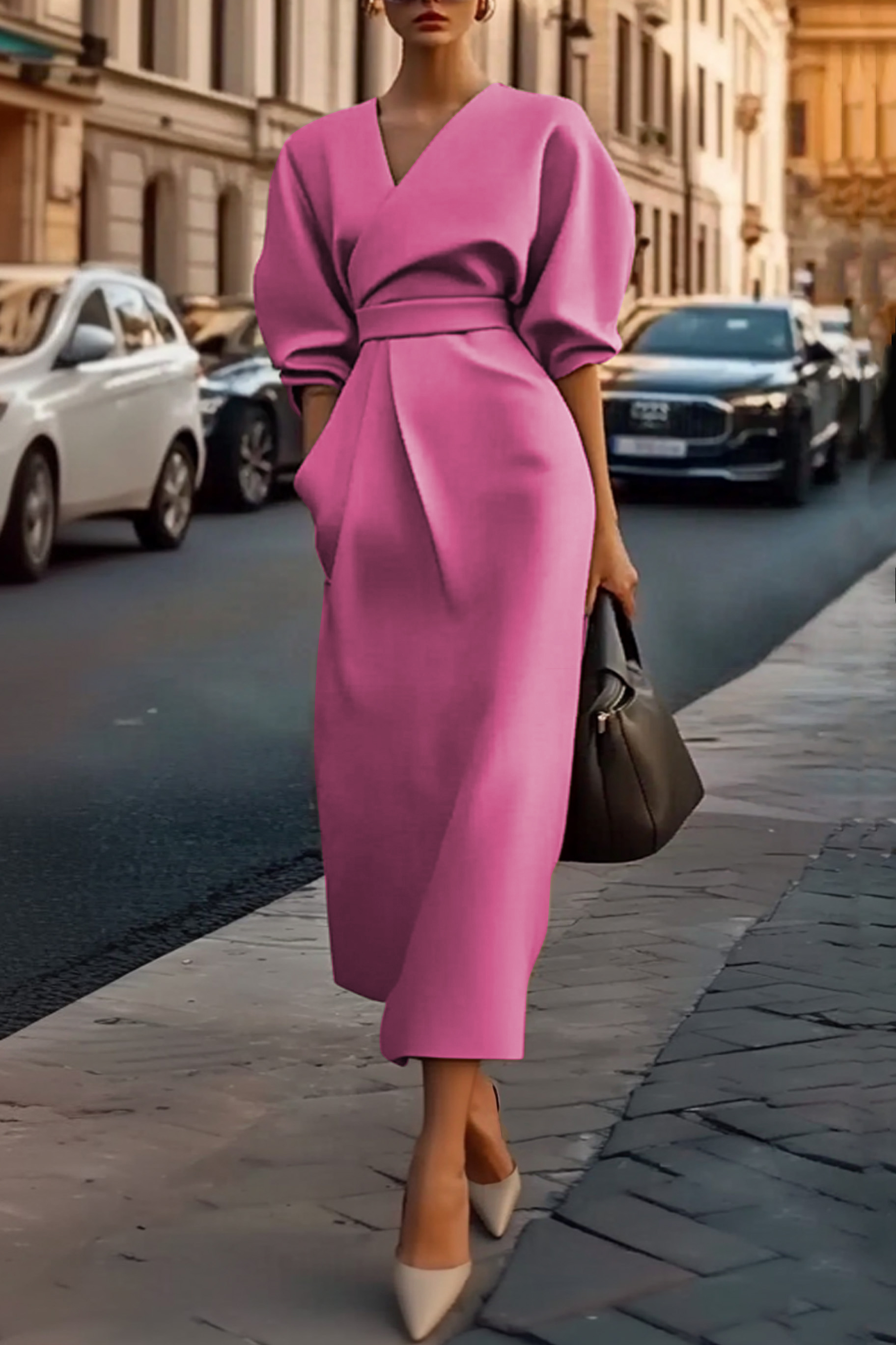 Khaki V Neck Work Dress Puff Sleeve Midi with Pocket