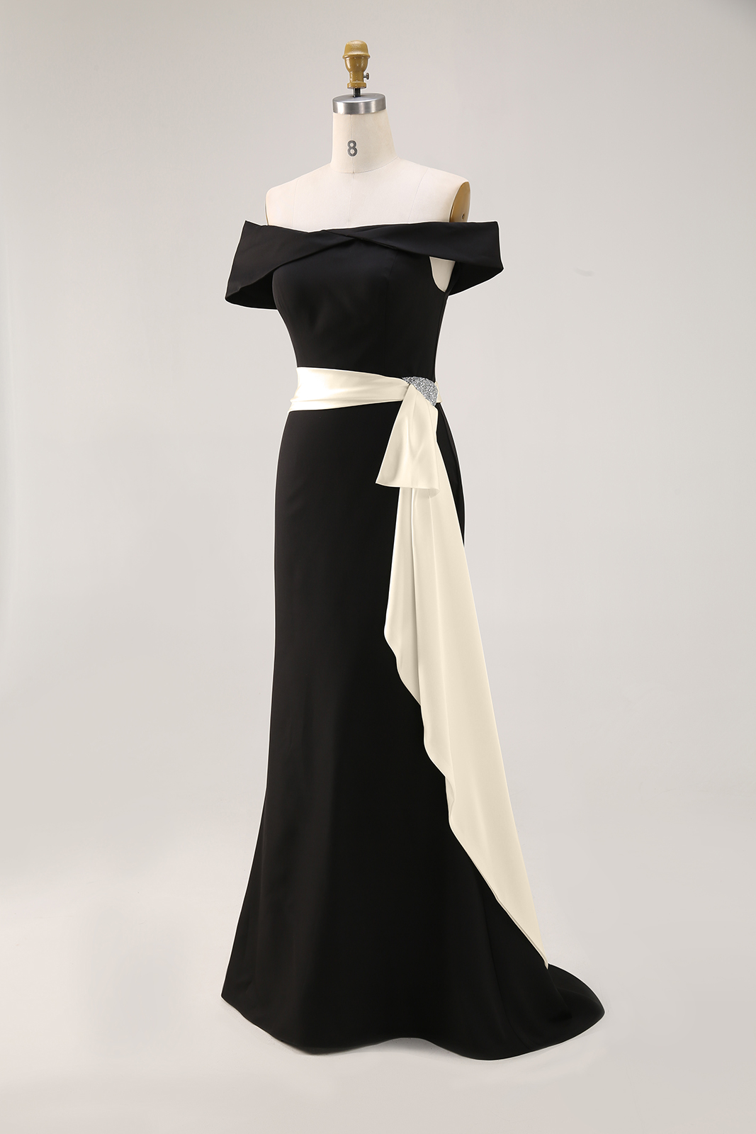 Elegant Evening Satin Dress Off-Shoulder Mermaid White Sash Rhinestone Dress