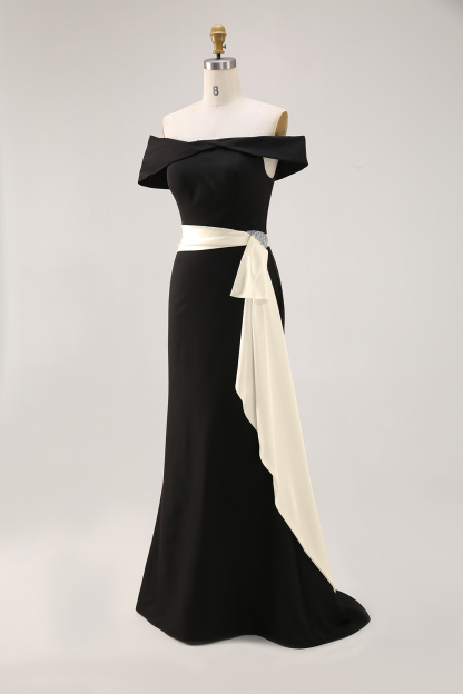 Elegant Evening Satin Dress Off-Shoulder Mermaid White Sash Rhinestone Dress