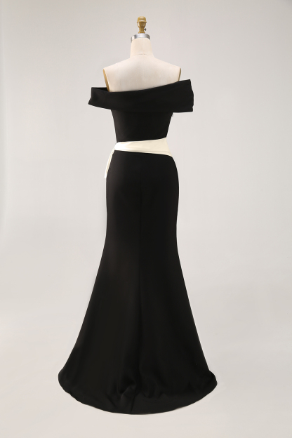 Elegant Evening Satin Dress Off-Shoulder Mermaid White Sash Rhinestone Dress