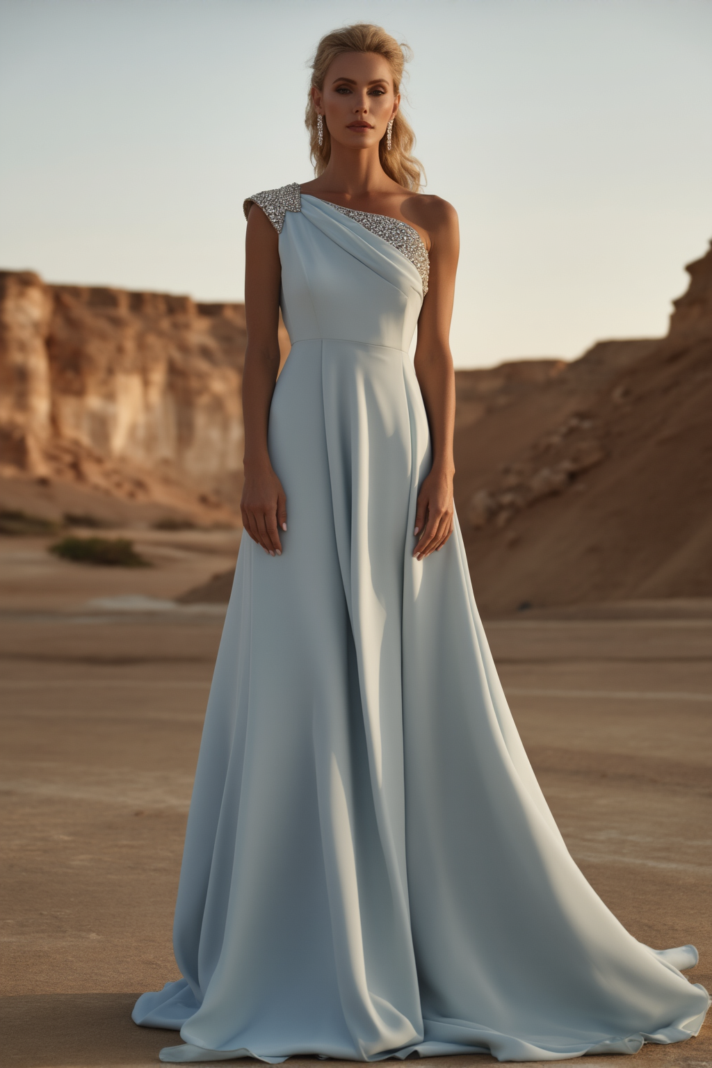 Evening Dress​ Blue One Shoulder Sequin Floor-Length Dress