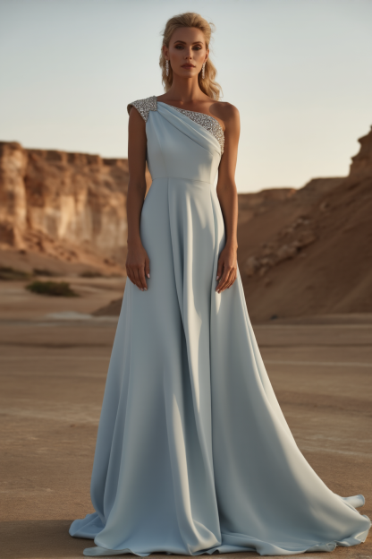 Evening Dress​ Blue One Shoulder Sequin Floor-Length Dress