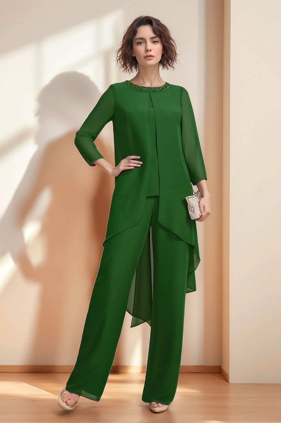 Green Pants Set Crew Neck Top Outfit Sets for Mother of the Bride