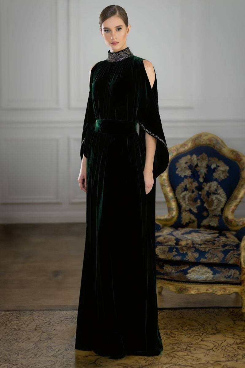 Formal Evening Dress Green Stand Neck Velvet Maxi Dress