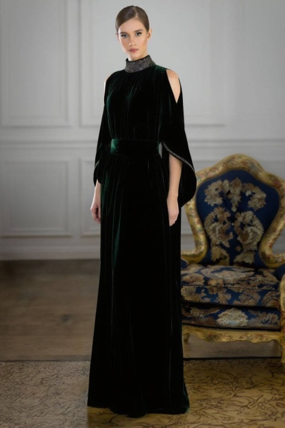 Formal Evening Dress Green Stand Neck Velvet Maxi Dress