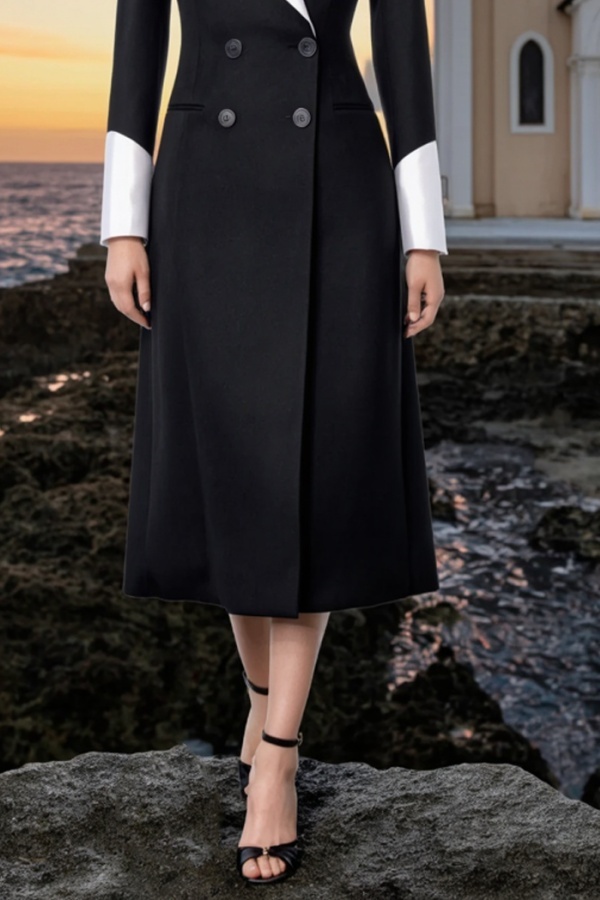 Business ​Blazer Dress Black White Lapel Long Sleeve Midi Dress