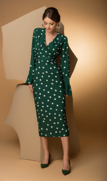 Daily Party Polka Dot Dress Green V-Neck Ruffle Long Sleeve Midi Dress