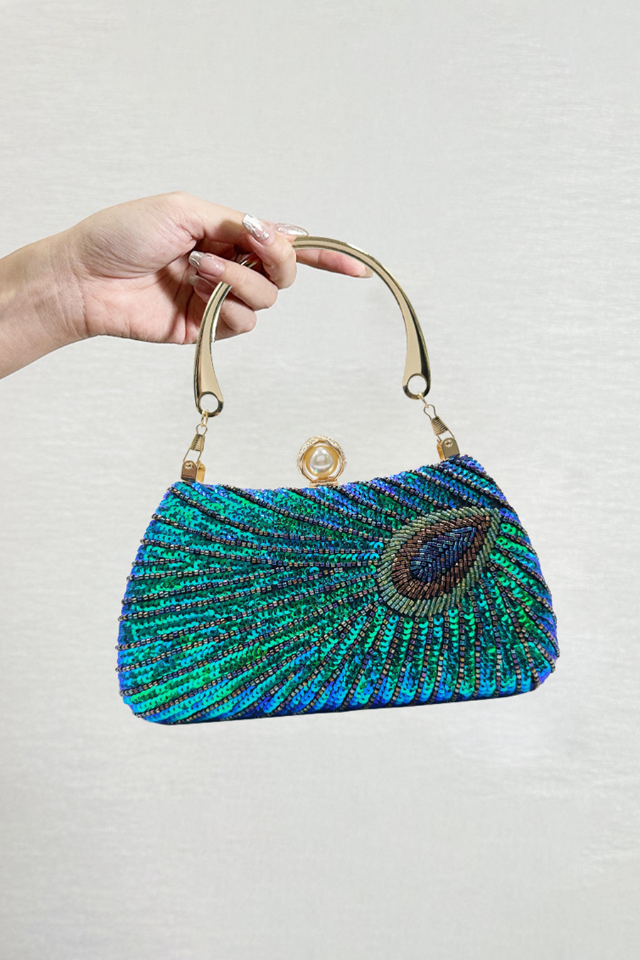 Blue Green Peacock Feather Pattern Beaded Evening Bag