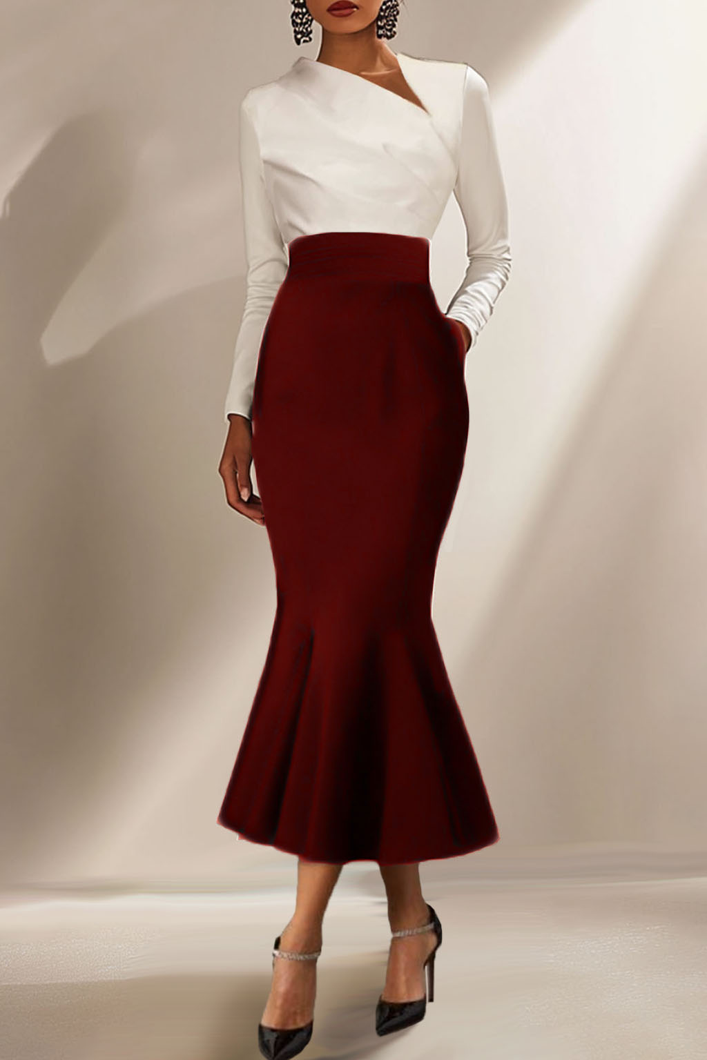 Business Casual Dress Black White Long-Sleeve Mermaid Dress