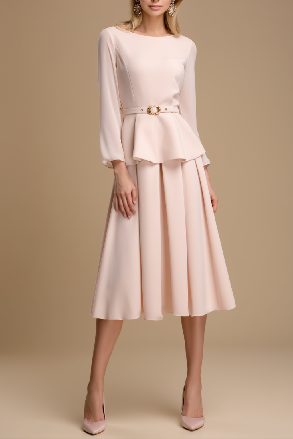 Work Dress​​ Pink Lace Crew Neck Knee Belted A-Line Dress