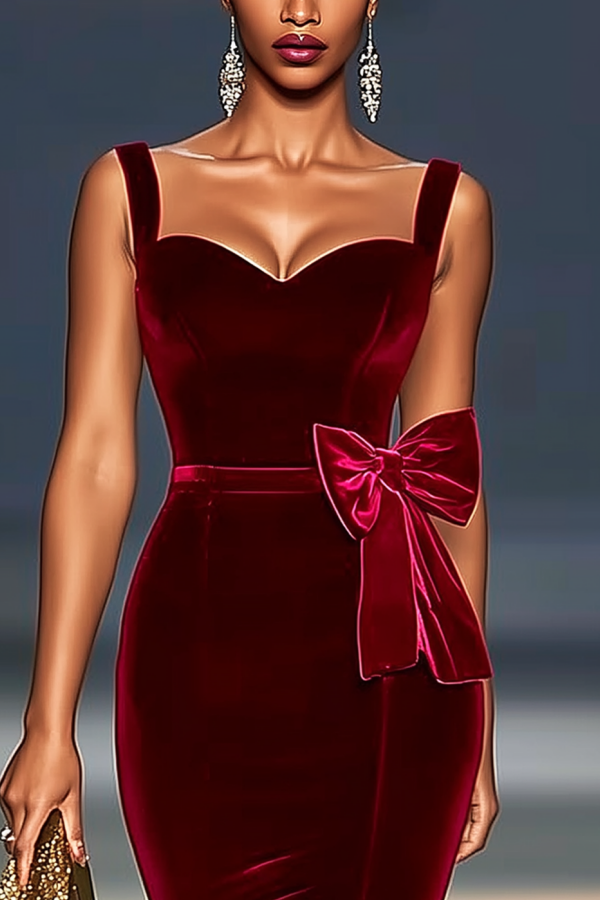 Evening Dress Burgundy Spaghetti Strap Velvet Bow Maxi Dress