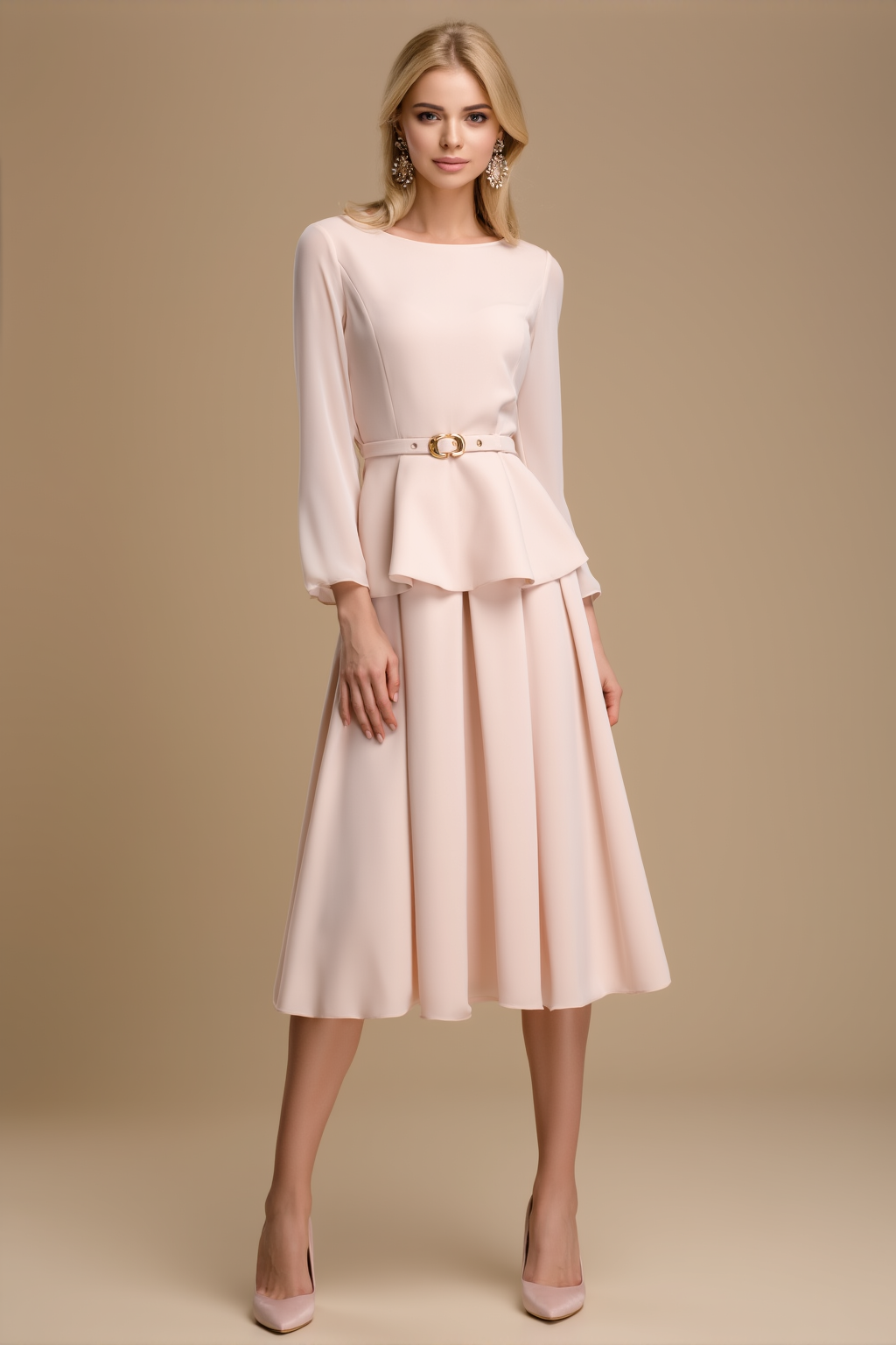 Work Dress​​ Pink Lace Crew Neck Knee Belted A-Line Dress