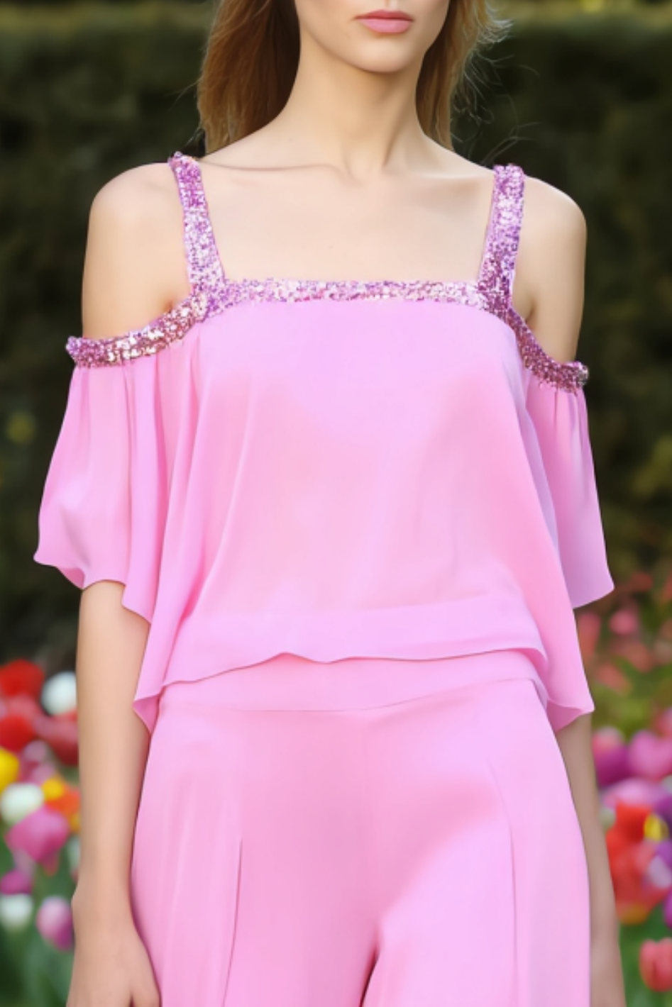 Modern Work Set Pink Spaghetti Strap Chiffon Wide-Leg Pants Set 