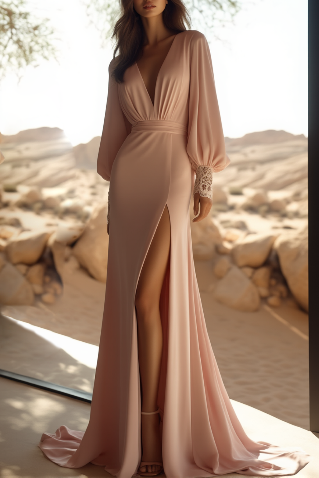 Evening Dress​ Pink Deep V Slit Floor-Length Dress