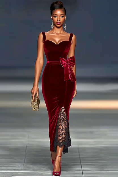 Evening Dress Burgundy Spaghetti Strap Velvet Bow Maxi Dress