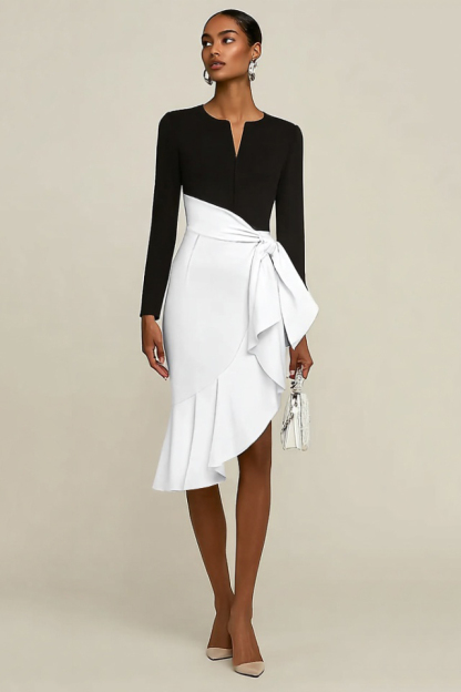 Party Dress​ Black Split Neck Colorblock Ruffle Knee-Length Dress