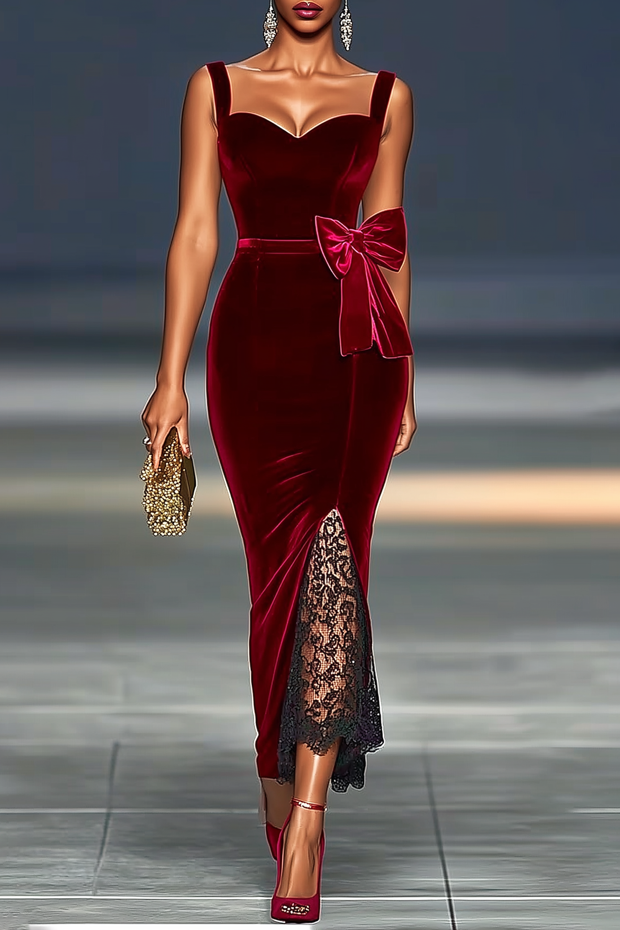 Evening Dress Burgundy Spaghetti Strap Velvet Bow Maxi Dress