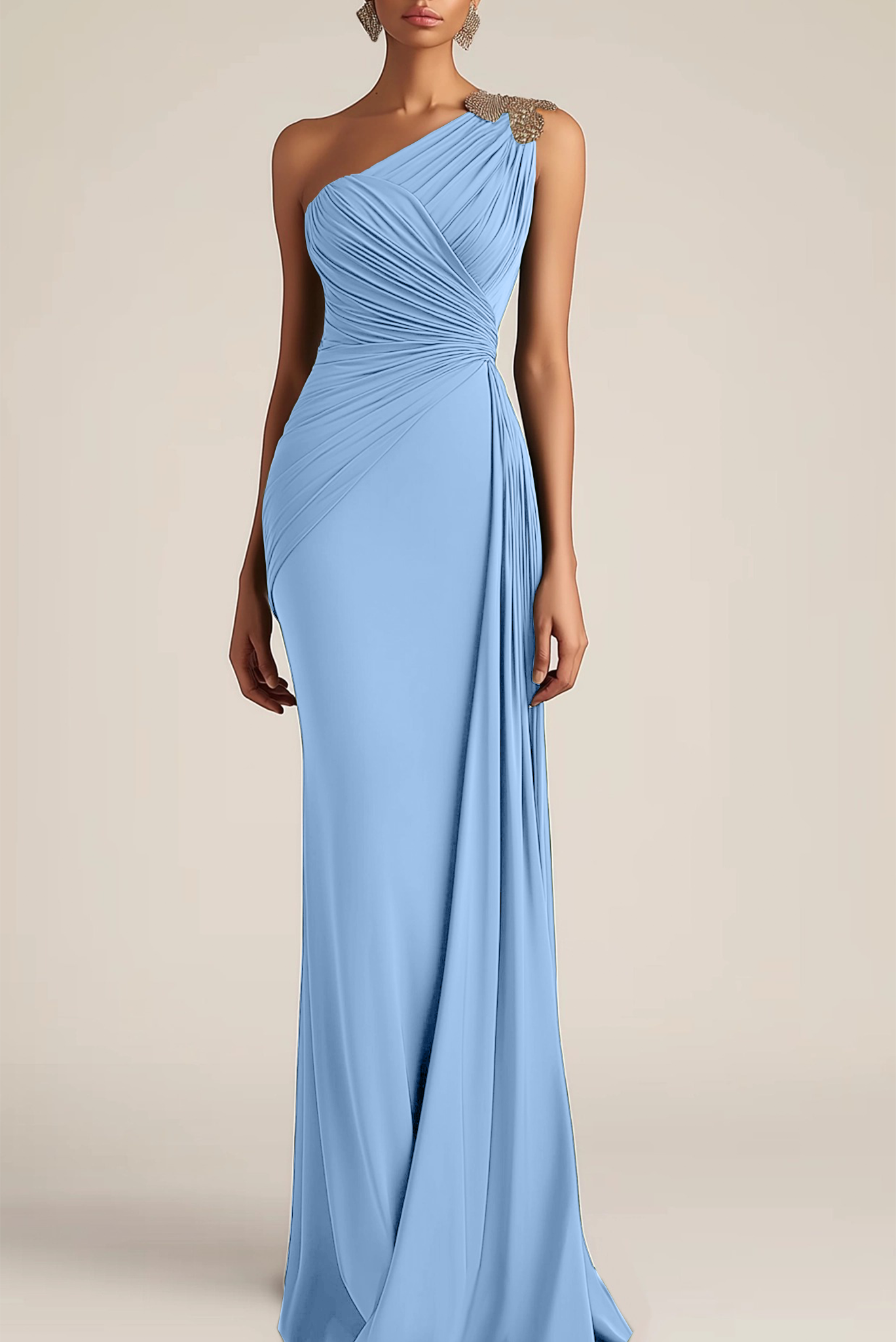 Formal Evening Dress Green One-Shoulder Ruched Maxi Dress