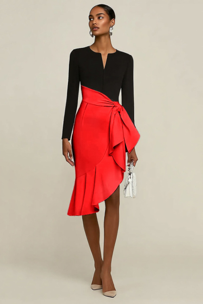 Party Dress​ Black Split Neck Colorblock Ruffle Knee-Length Dress