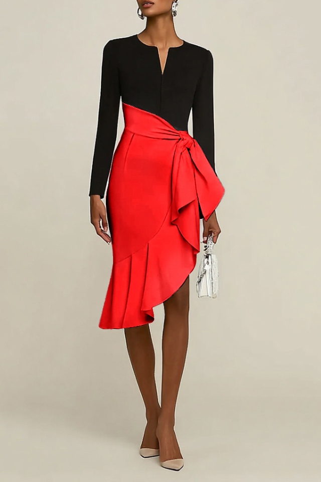 Party Dress​ Black Split Neck Colorblock Ruffle Knee-Length Dress