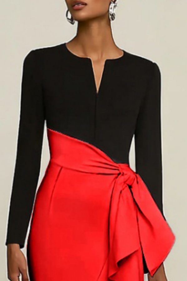 Party Dress​ Black Split Neck Colorblock Ruffle Knee-Length Dress